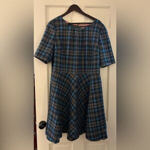 British Boden Tartan Plaid Tweed Moon Wool Dress Blue Gray UK 20 US 16 EUC